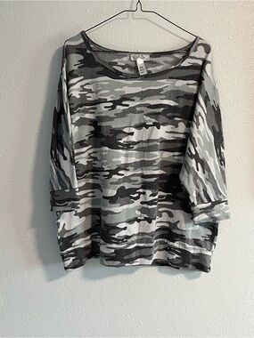 Just Be Plus Size Gray Camo Scoop Neck Soft Knit 3/4 Sleeves Top 3X
